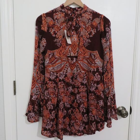 Free People Womens Sz XS Burgundy Red High Neck Cut Out Long Sleeve Tunic Top - Picture 2 of 9